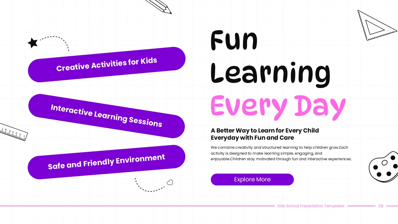 Kids School Template - program features with creative activities buttons