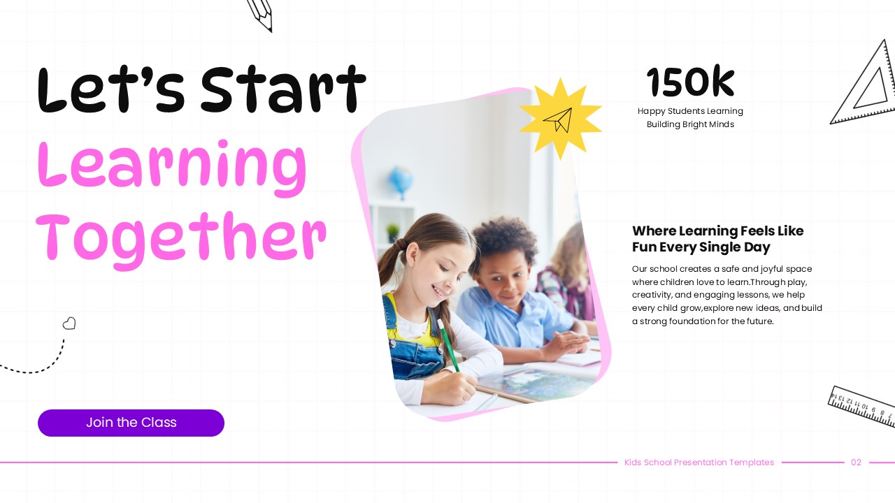 Kids School Template - mission slide with 150k happy students statistic