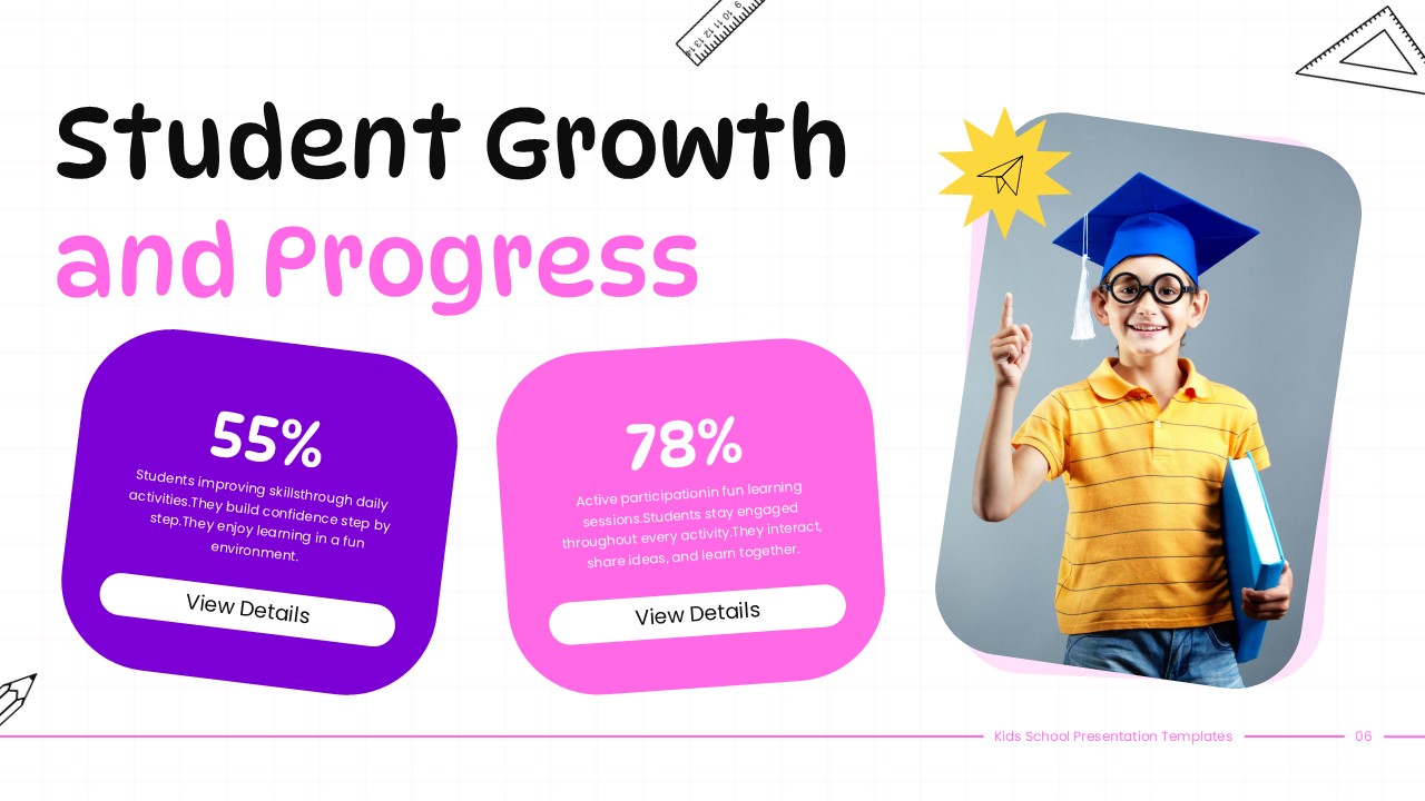 Kids School Template - progress metrics showing 55% and 78% improvements