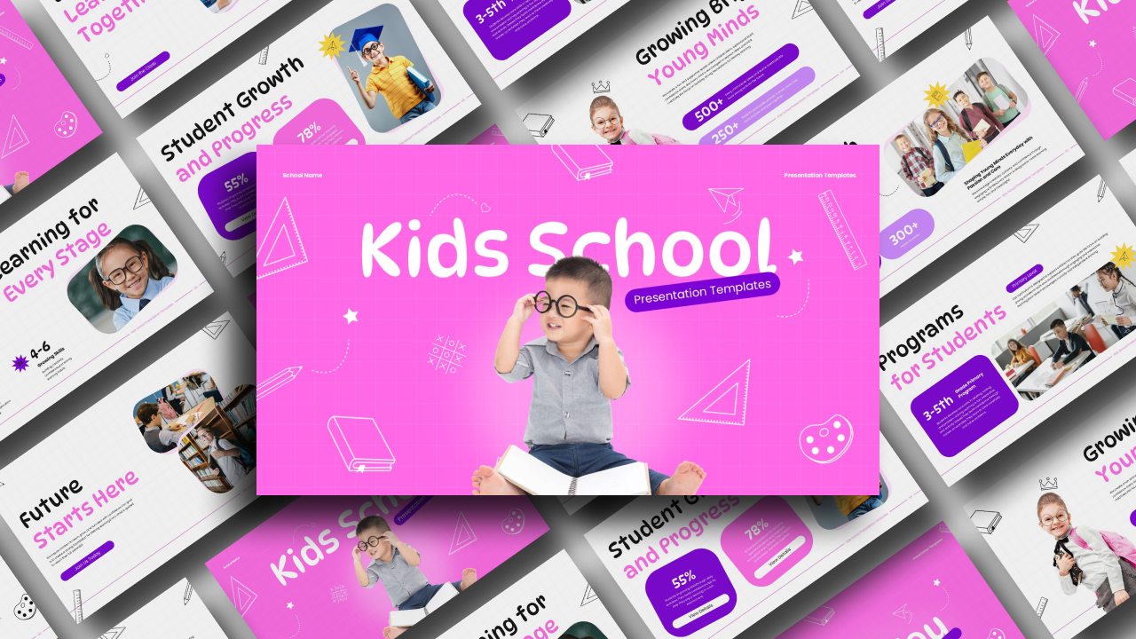 Kids School Template - vibrant presentation overview with slide previews