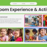 Kindergarten Classroom Experience - Green slide with descriptive text and four photos of children in learning activities