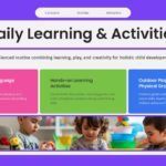 Kindergarten Daily Activities - Purple slide with three activity cards and group learning photo showing hands-on work