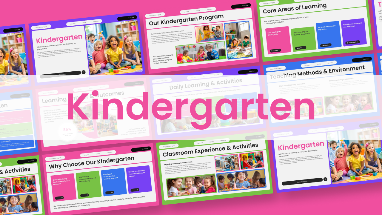 Kindergarten Google Slides Template - Multi-slide overview collage with colorful backgrounds and child learning photos