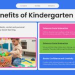 Kindergarten Key Benefits - Blue gradient slide with child photo and three colored benefit sections on social skills