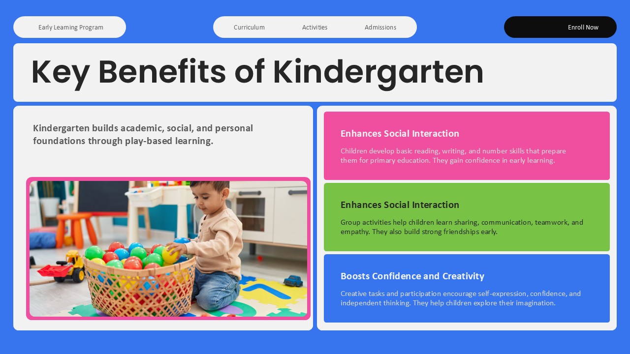 Kindergarten Key Benefits - Blue gradient slide with child photo and three colored benefit sections on social skills