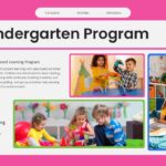 Kindergarten Program Overview - Pink background slide with descriptive text blocks and three children activity photos