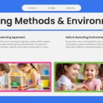 Kindergarten Teaching Methods - Blue slide with two-column layout and photos showing play-based learning environment