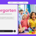 Kindergarten Template - Cover slide with purple gradient, title text, call-to-action button, children with blocks photo