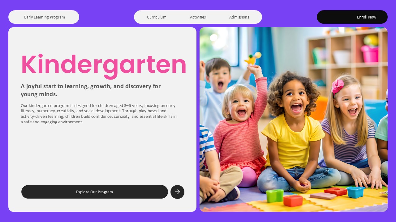 Kindergarten Template - Cover slide with purple gradient, title text, call-to-action button, children with blocks photo