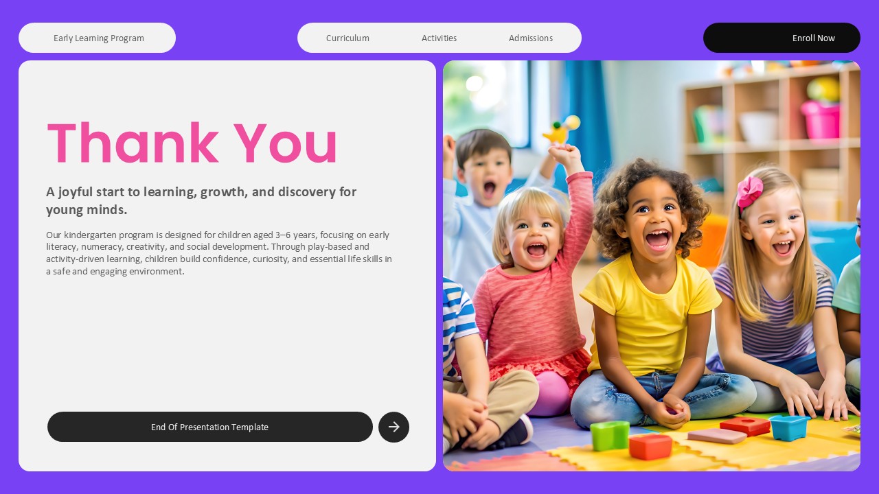 Kindergarten Thank You - Purple gradient closing slide with thank you text and children with blocks photo