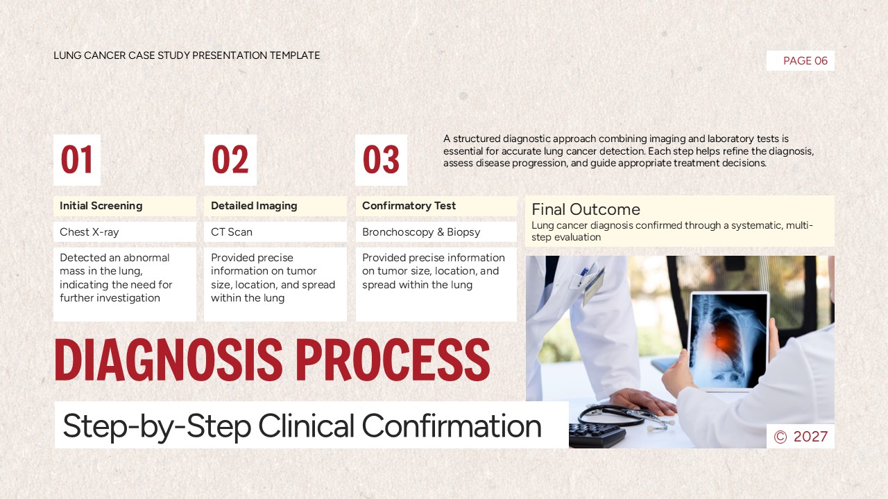 Lung Cancer Case Study Template - diagnostic workflow slide with three-step medical procedure timeline