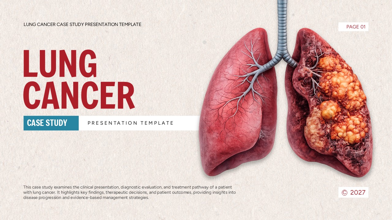Lung Cancer Case Study Template - title slide with anatomical lung illustration and professional design