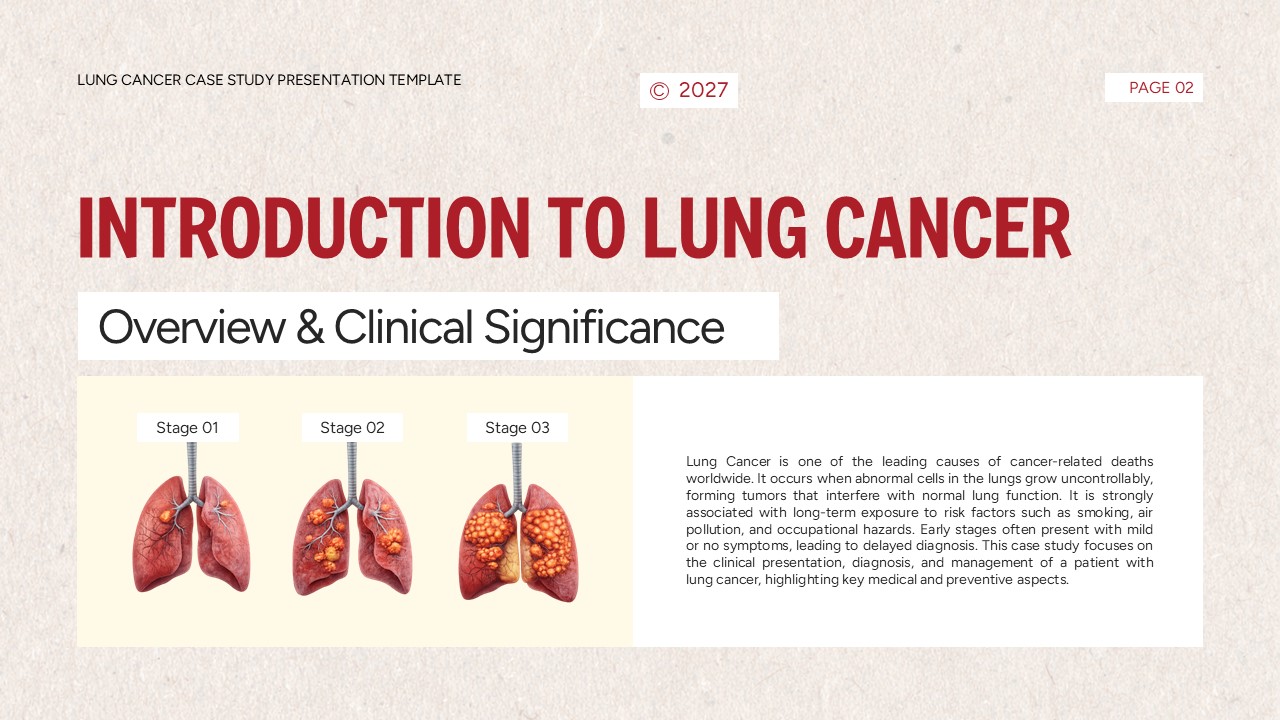 Lung Cancer Case Study Template - introduction slide with three-stage disease progression diagram