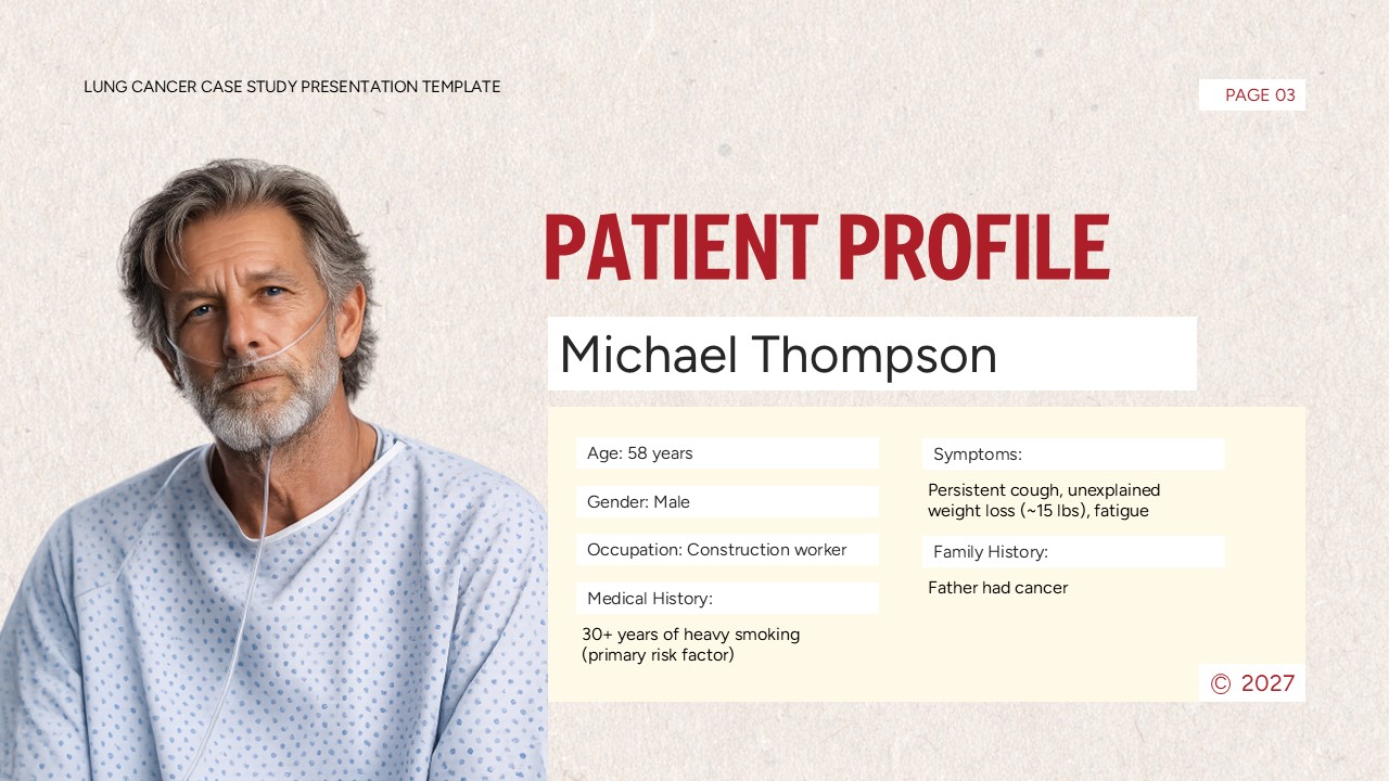 Lung Cancer Case Study Template - patient profile slide with demographics and medical history sections
