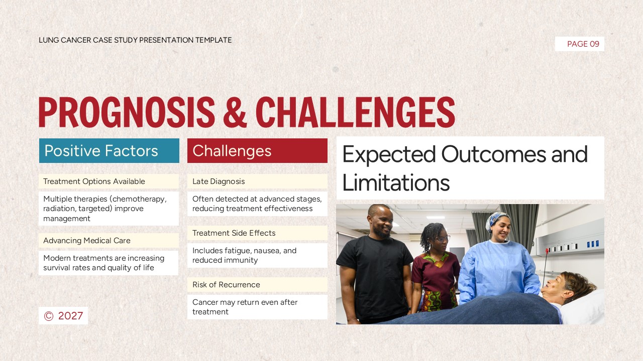 Lung Cancer Case Study Template - prognosis slide showing outcome factors and treatment challenges