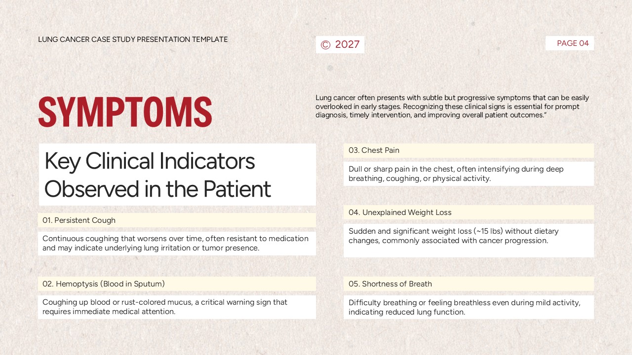 Lung Cancer Case Study Template - symptoms documentation slide with key clinical indicators listed