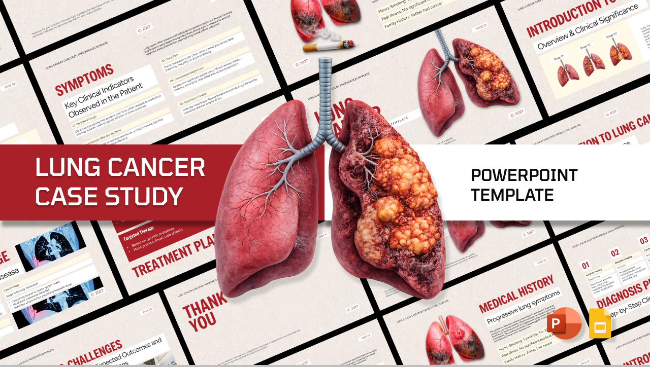 Lung Cancer Case Study Template - complete PowerPoint presentation overview with anatomical illustrations