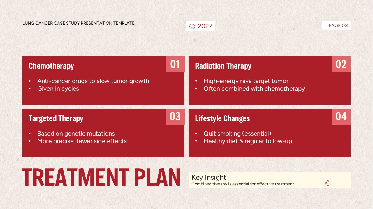 Lung Cancer Case Study Template - treatment plan slide with four comprehensive therapy options outlined