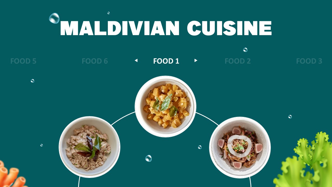 Maldives Template - Cuisine slide with interactive carousel showing three circular food images and navigation arrows