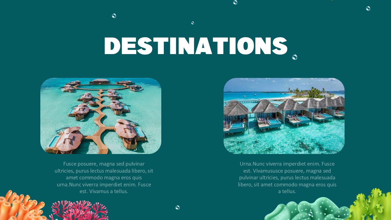 Maldives Template - Destinations slide with two-column layout showing overwater bungalow images and text blocks