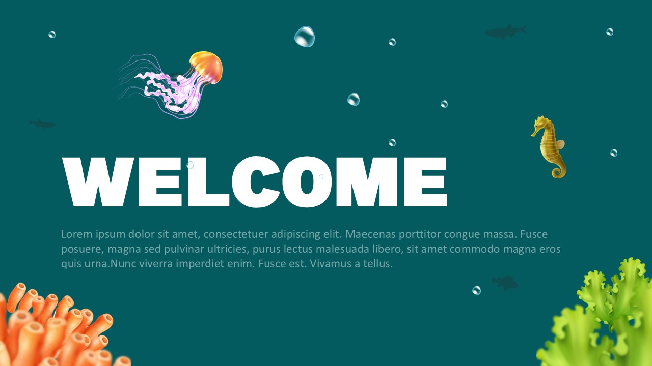 Maldives Template - Main content slide with underwater teal background, coral graphics and marine life elements