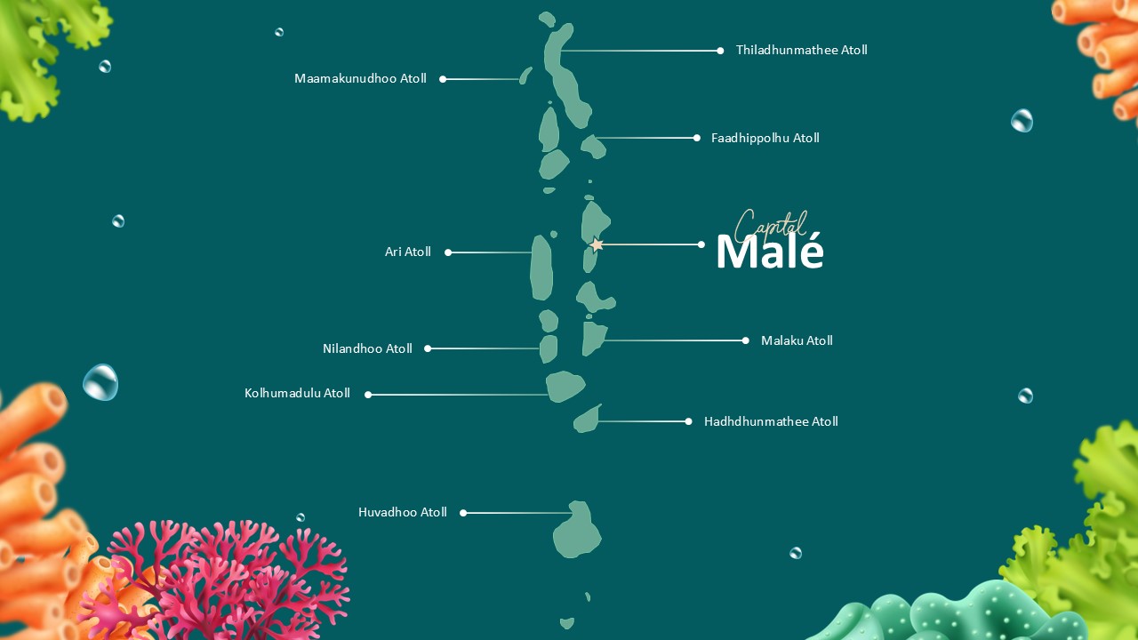 Maldives Template - Geographic map slide showing Maldives atolls with capital Malé and island locations labeled