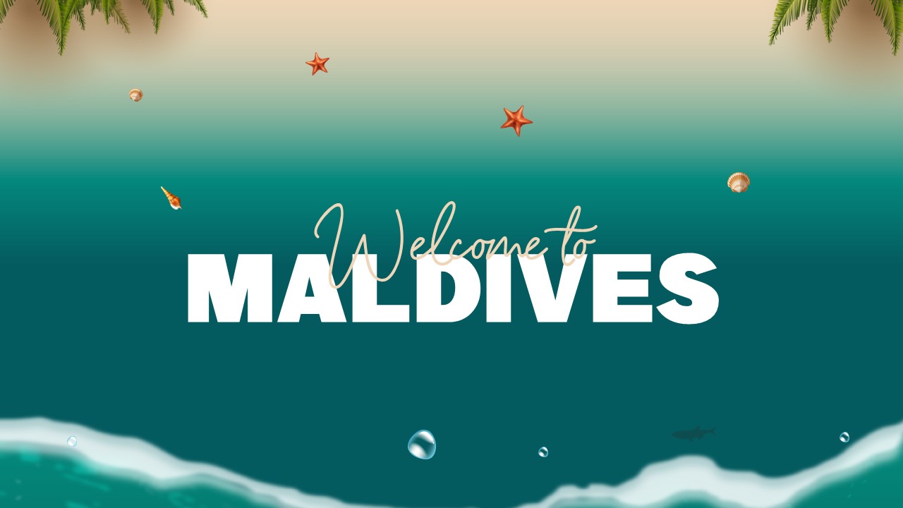 Maldives Template - Welcome slide with underwater theme, coral decorations, jellyfish and seahorse graphics