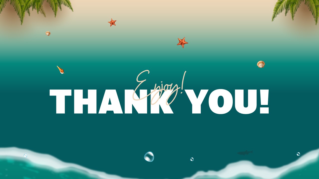 Maldives Template - Thank you closing slide with palm fronds, starfish and beach elements on tropical background