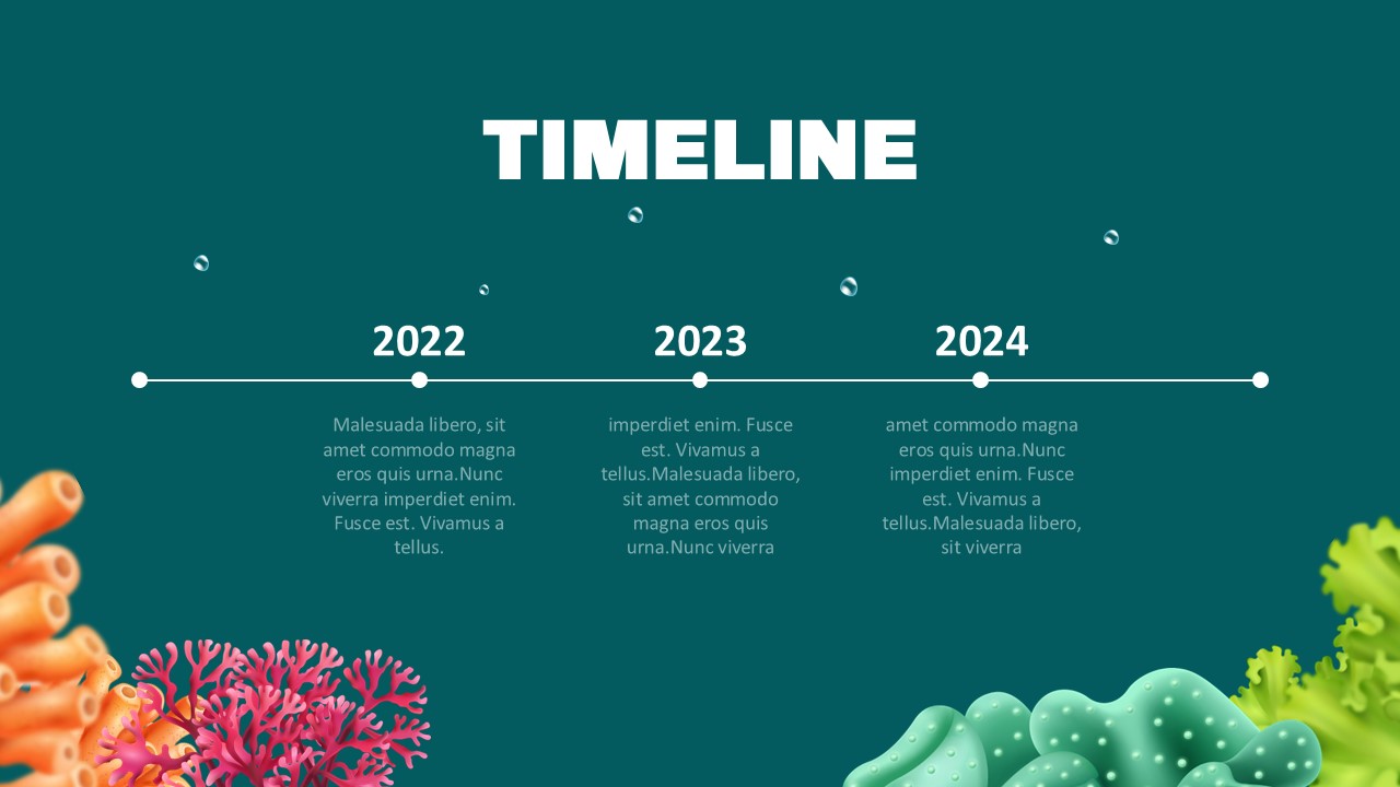 Maldives Template - Timeline slide with horizontal 2022-2024 progression and milestone points on ocean background