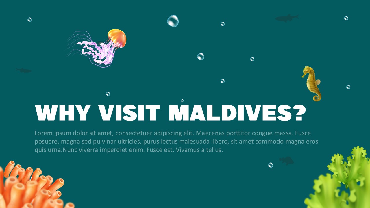Maldives Template - Benefits slide asking Why Visit Maldives with content blocks and marine life graphics