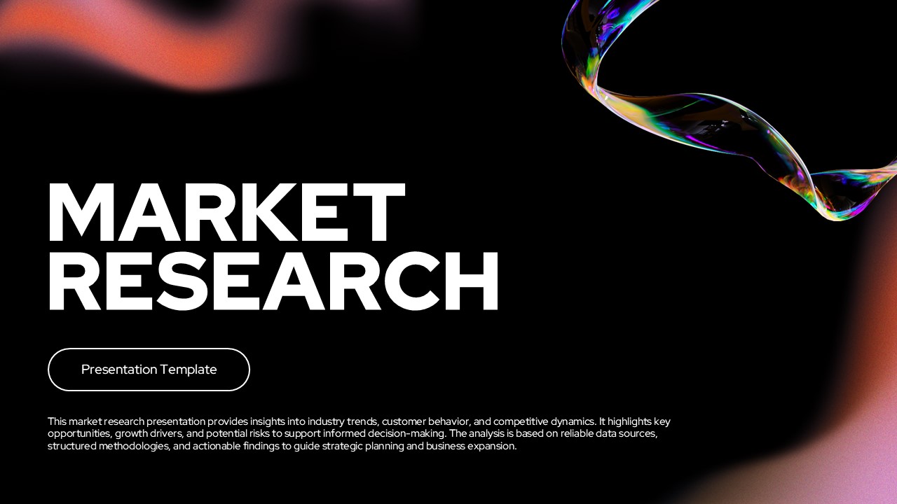 Market Research Google Slides Template - Title slide with flowing rainbow gradients on dark background
