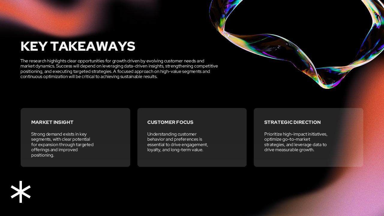 Market Research Takeaways Template - Summary slide with market insights and strategic recommendations