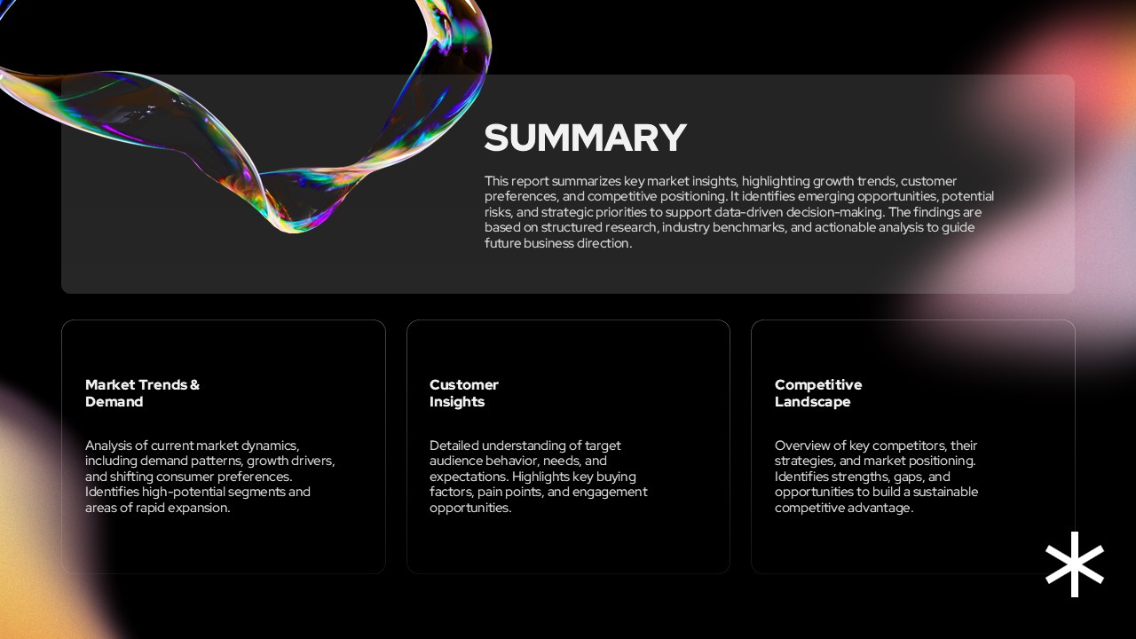 Market Research Summary Template - Three-column layout showing trends, insights and competitive analysis