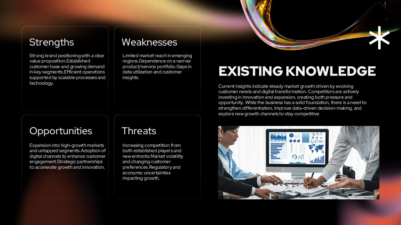 Market Research SWOT Template - Four-quadrant analysis layout with strengths, weaknesses and opportunities