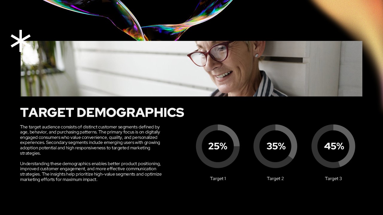 Market Research Demographics Template - Customer segment analysis with circular progress charts and data
