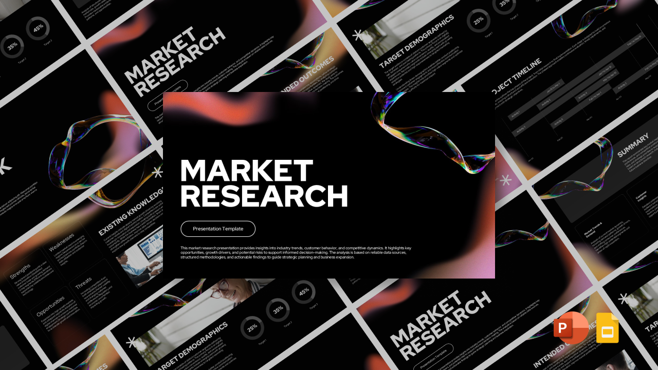 Market Research Template - Modern presentation overview with colorful gradient design and slide previews