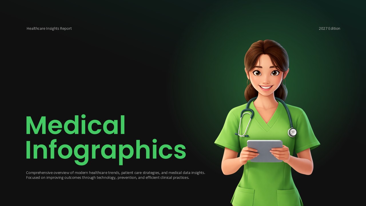 Medical Infographic Google Slides Template - Professional title slide with healthcare worker and green gradient