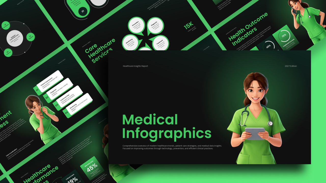 Medical Infographic Template - Dynamic overview slide with healthcare professional illustration and green design