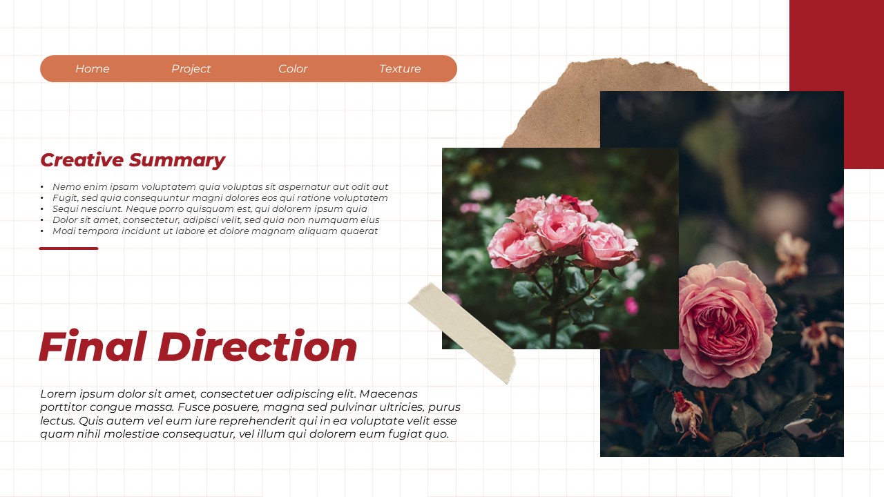 Moodboard Creative Summary Template - Final direction section, pink rose photographs, burgundy color blocks