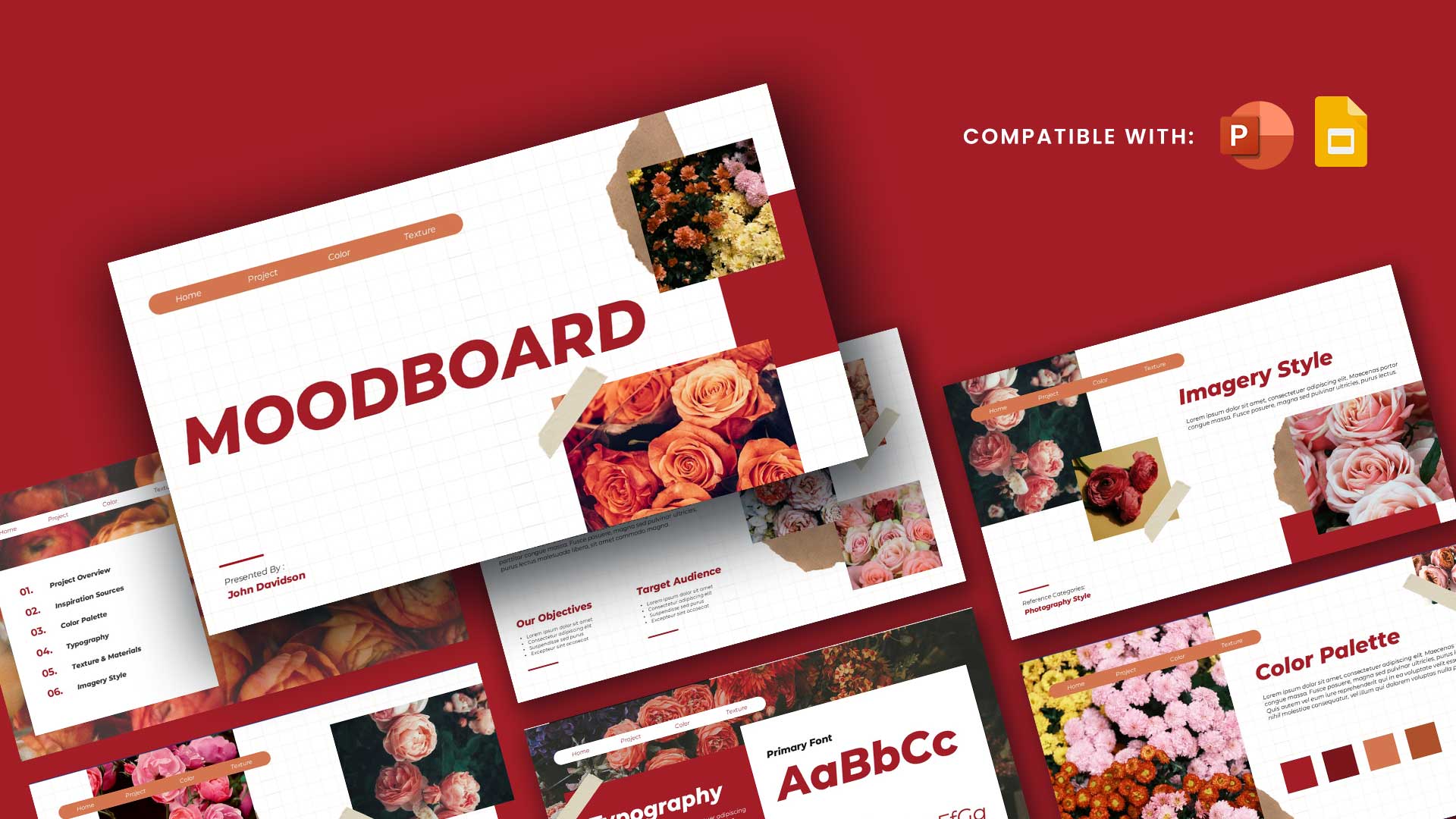 Moodboard Template - Cover slide with red background, multiple slide previews, floral photography, PowerPoint compatibility