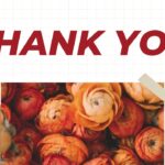 Moodboard Thank You Template - Large burgundy text, orange ranunculus flowers, decorative tape elements