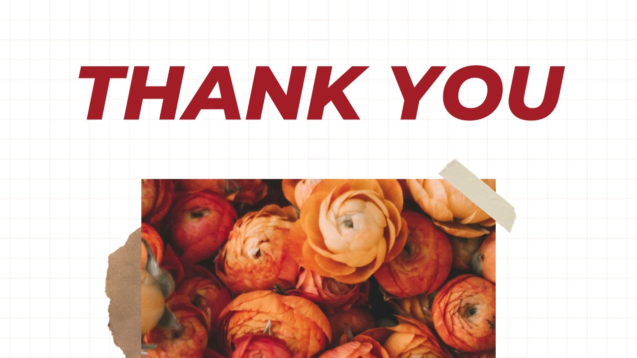 Moodboard Thank You Template - Large burgundy text, orange ranunculus flowers, decorative tape elements