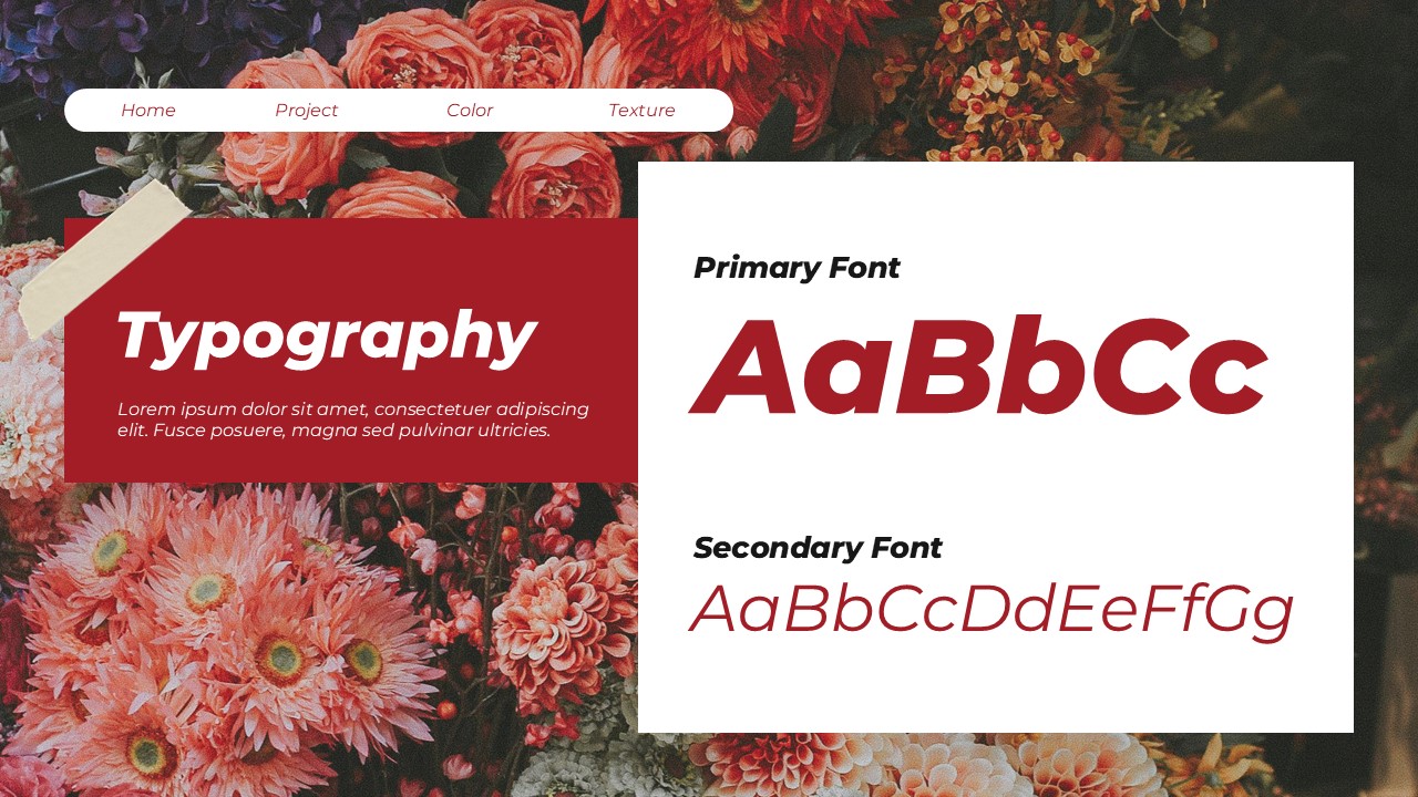 Moodboard Typography Template - Coral flower background, primary and secondary font examples, burgundy overlay