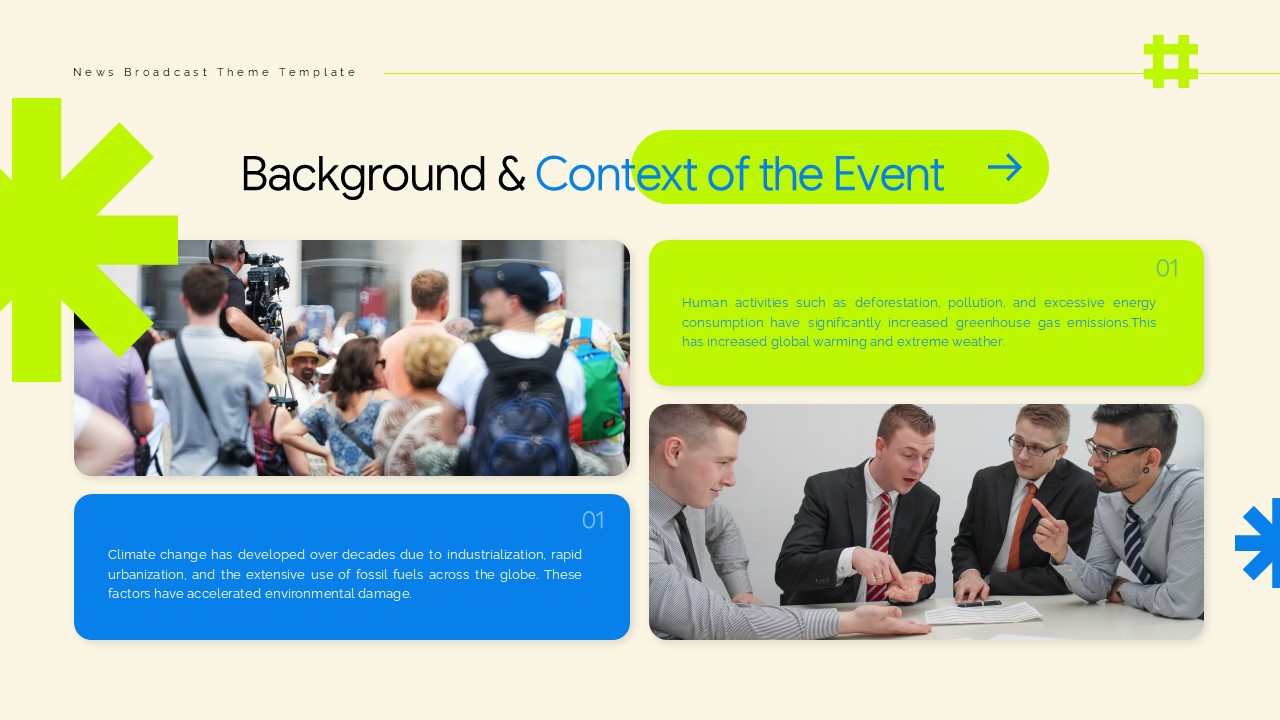 Background Context Template - News filming setup with numbered content boxes showcasing event details