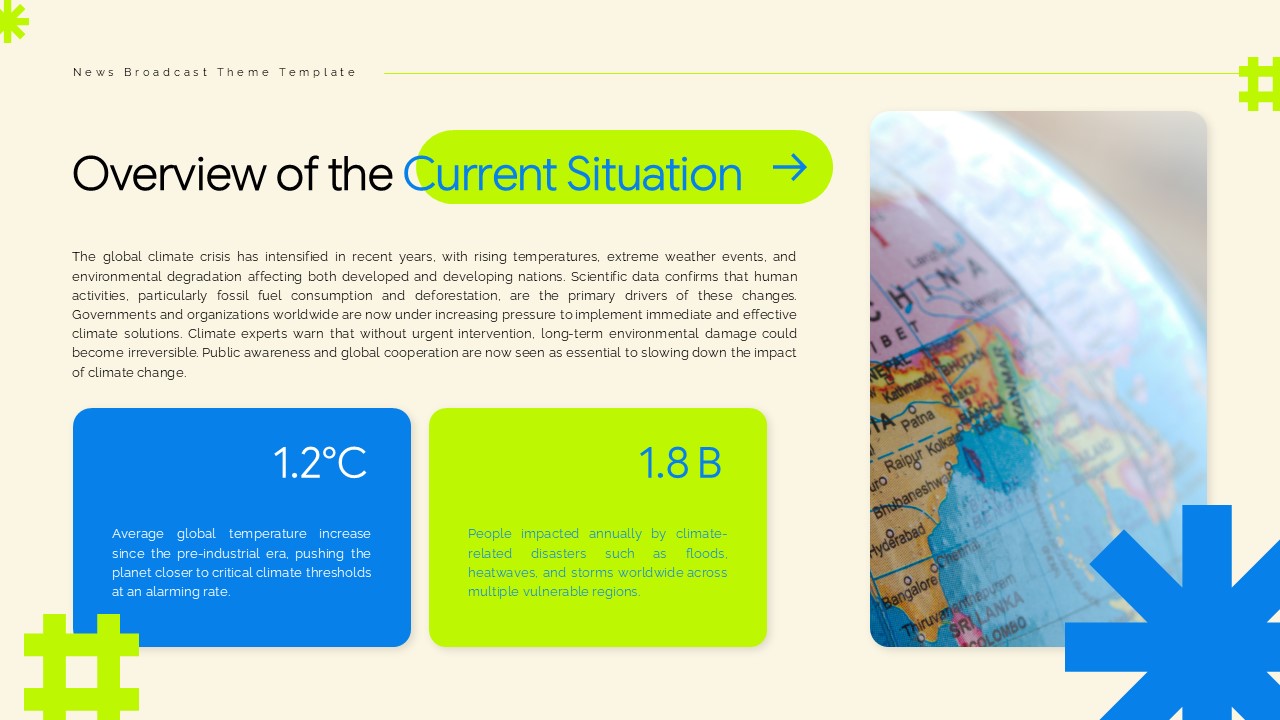 Climate Crisis Overview Template - Global statistics with temperature data and world map visualization