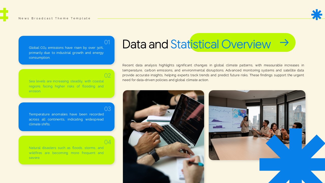 Data Statistics Template - Four numbered sections with climate data and collaborative workplace imagery
