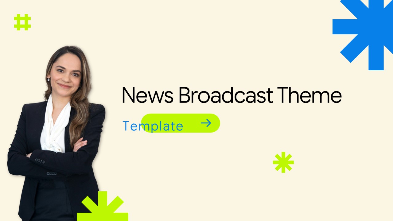 News Broadcast Theme Template - Professional title slide featuring confident presenter with modern design elements