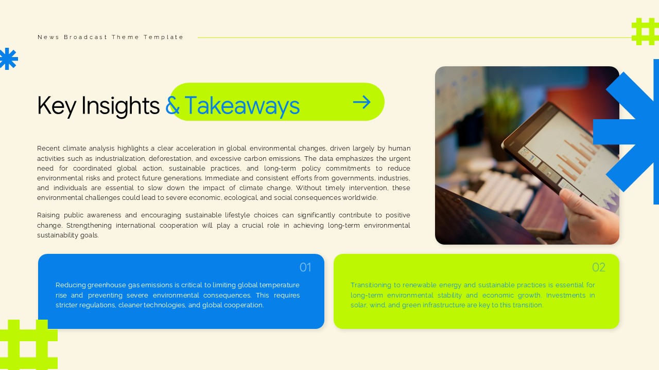 Key Insights Template - Research conclusions with emission reduction actions and digital analysis imagery