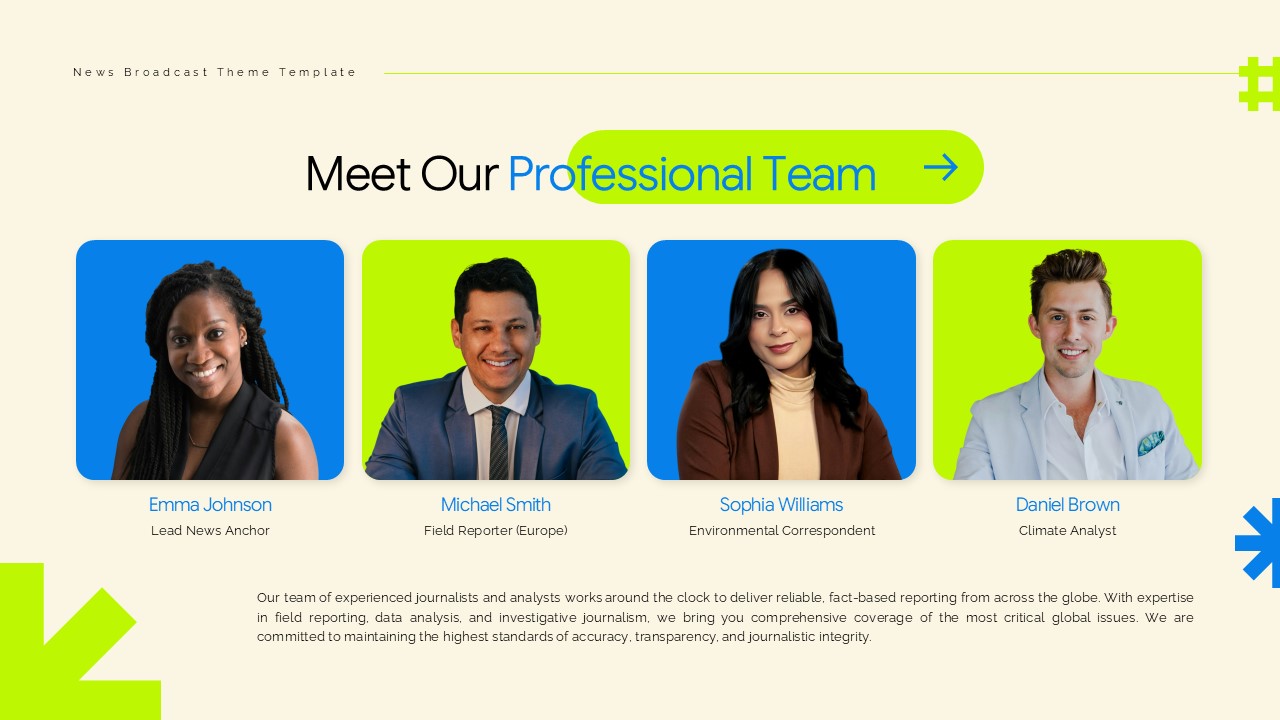 Professional Team Template - Four team member portraits with roles from Lead Anchor to Climate Analyst
