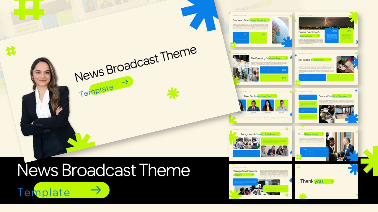 News Broadcast Template - Complete presentation overview showcasing professional slides with vibrant design